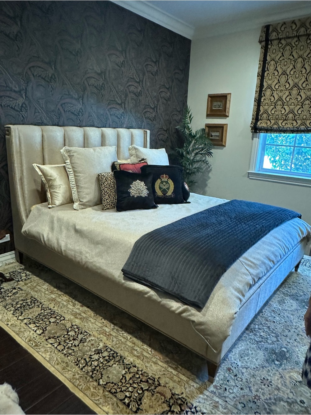 Luxury Cream Upholstered Bedspread with Navy Accent Throw